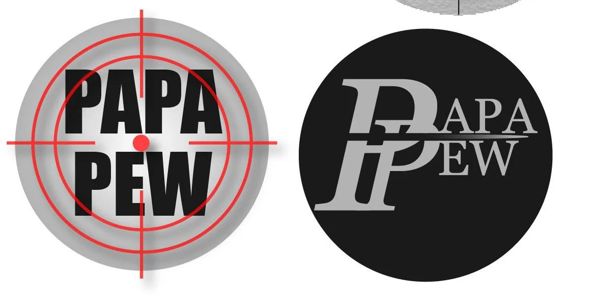 Papa Pew brand-mark concepts in circular red, gray, and black variations.