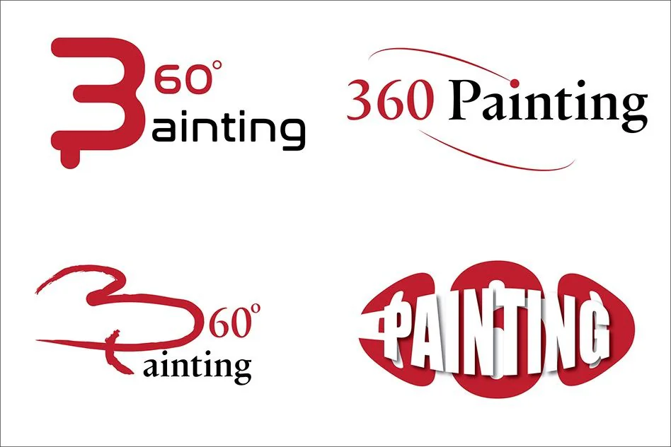 Four logo concepts for 360 Painting in red and black.